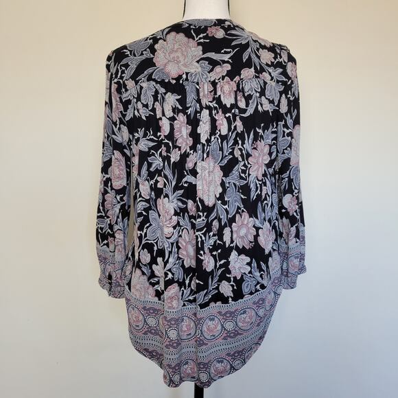 Lucky Brand M Peasant Top V-Neck 4 Button Front Long Sleeve Floral Boho - Picture 4 of 16